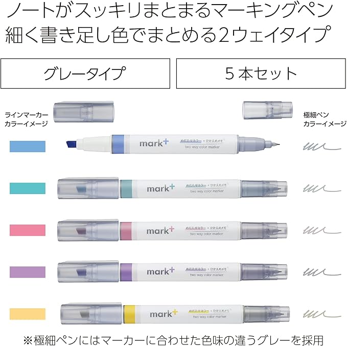 KOKUYO Pastel Highlighters, Dual-Tip Highlighter Markers for Bible in Assorted Colors, Fine & Chisel Tip No Bleed Quick-Dry for Journals, Planners, Notes, Grey Colors. Japan Import (PM-MT201-5S)