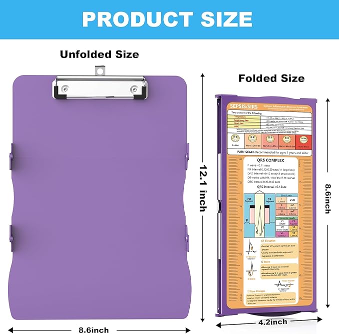 Clipboards Nursing Clipboard Trifold Foldable, 3 Layers Aluminum Nurse Clipboards with Nursing Edition Cheat Sheets Folding Pocket Size for Students, Nurses and Doctors (Purple)
