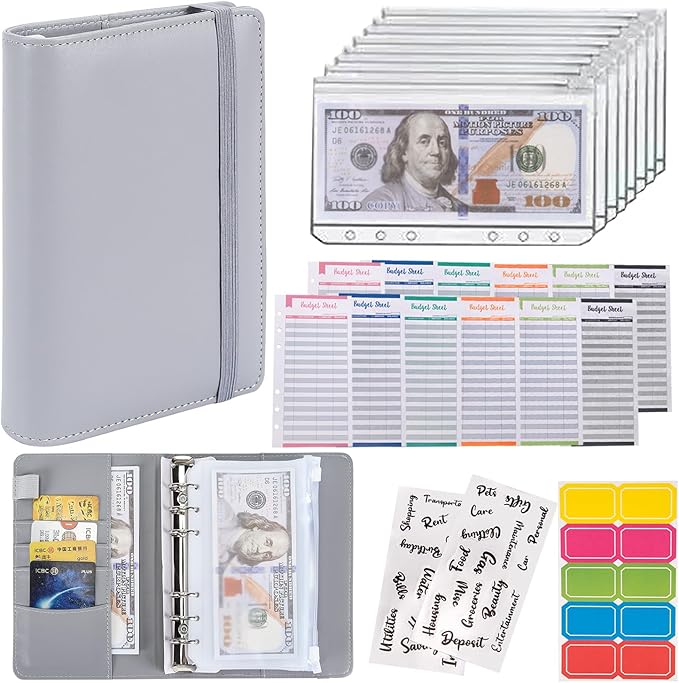 NICOOTHBudget Binder Cash Envelopes A6 Money Saving Binder with Zipper envelopes (Grey)