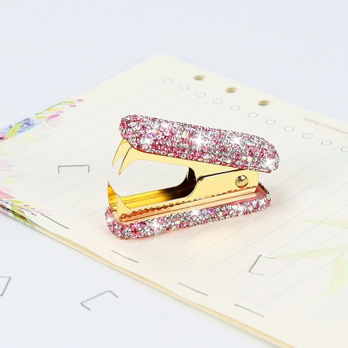 Multibey Rhinestone Staple Remover, Handmade Bling Crystal Gold Cute Staple Puller Tool for Desk, Dazzling Staples Puller Tool Mini Office Supplies & Desk Accessories for Women Office (Pink)