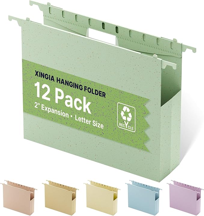 XINGIA Wheat Straw Plastic Hanging File Folders Letter Size,Heavy Duty 2 Inch Expansion,12 Pack Extra Capacity Hang Folders for Filing Cabinet,File Organizer with Insertable Tabs(Morandi Green)