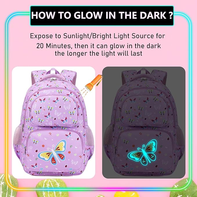 Girls Backpack with Lunch Box Glow in Dark Butterfly Bookbag Teens Ages 4-12 Kindergarten Elementary Middle School Butterfly Backpack, Luminous Butterfly Purple