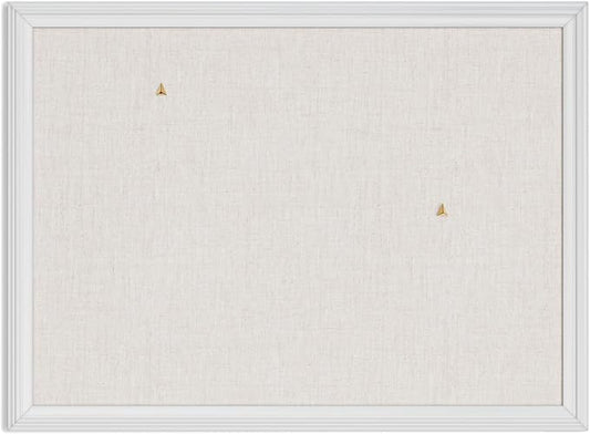 U Brands Farmhouse Linen Bulletin Board, 24" x 18", White Wood Style Frame, Industrial Grade Pinning Surface