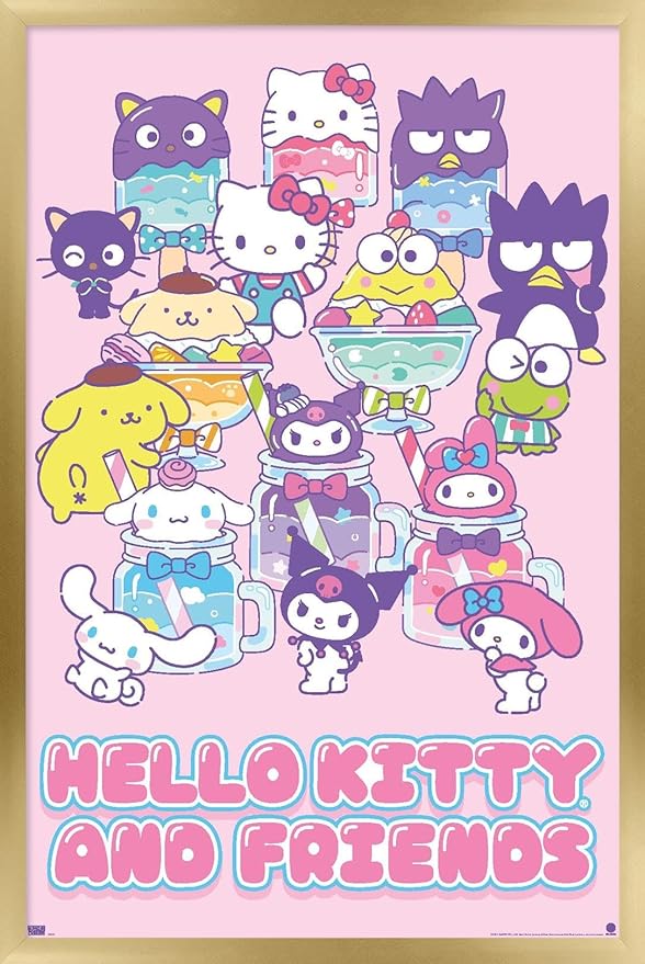 Trends International Hello Kitty and Friends: 24 Summer Fresh - Group Wall Poster, 34L x 22.4W, Gold Framed Version