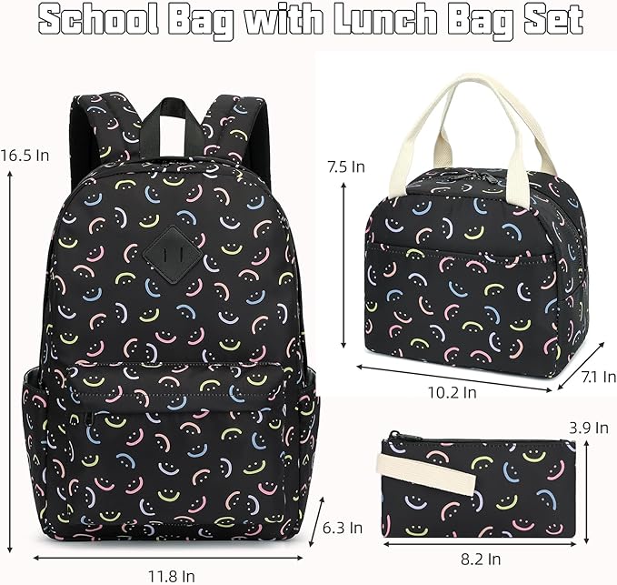 School Backpack for Girls, 3PCS Bookbags Set with Lunch Box Pencil Pouch Elementary Middle School Bag Laptop Back Packs (Smile Black)