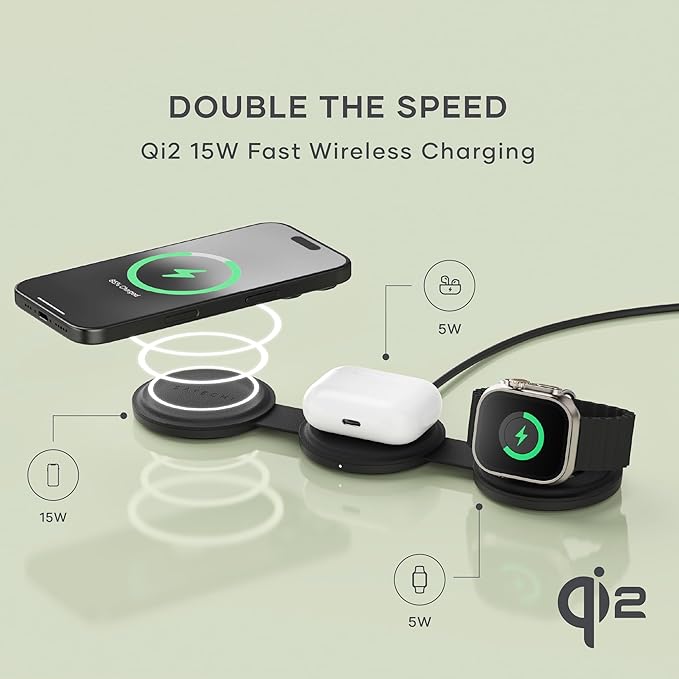 Satechi OntheGo™ 3 in 1 Wireless Charger, Qi2 Portable Charger with 15W Fast Charging for iPhone 17 to 12 Series, 5W for Apple Watch, and 5W for AirPods, Magnetic Travel Charging Station – Black