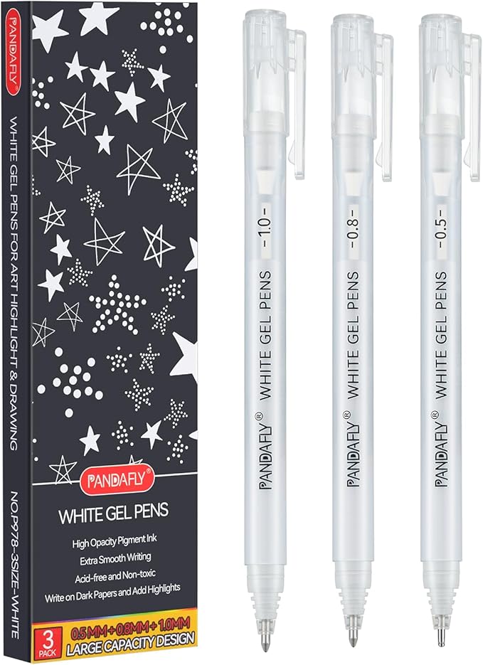 PANDAFLY White Gel Pens, Fine, Medium & Bold Tip Ink Pens for Journaling, Art, or Drawing - For Art Gifts, Holiday Gifts & DIY Projects, White Ink, 05/08/10mm Assorted Tip Sizes - 3 Pack