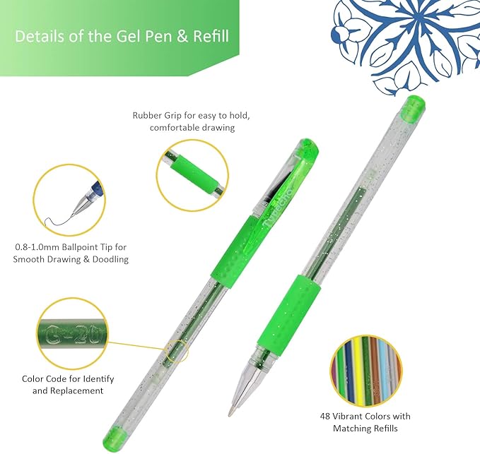 96 Color Artist Gel Pen Set with Portable Travel Case, Includes 24 Glitter, 10 Metallic, 7 Neon, 6 Pastel, 1 Classic Red, plus 48 Matching Color Refills,Back to school supplies