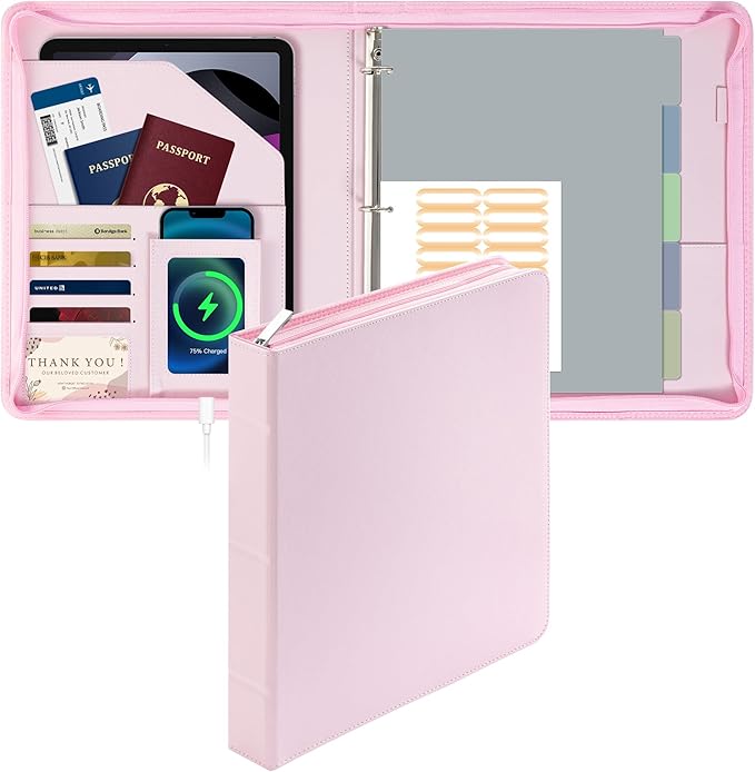 EYROZILL Zippered Leather 3 Ring Binder Organizer with Pockets – Business Portfolio Folder with Card Slots, Phone Holder, Pen Loop (Pink)