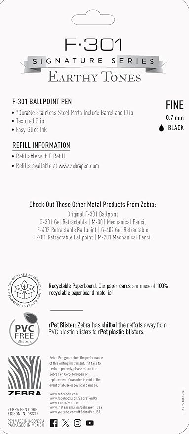 Zebra Pen F-301 Signature Series Retractable Ballpoint Pen, 0.7mm, Black Easy-Glide Ink, Stainless-Steel Barrel with Earth Tone Accents, Ideal for Office, Journal and Planner Use, 4-Pack (27304)