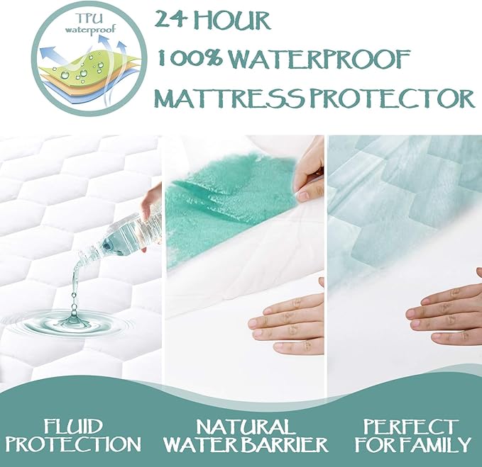 King Quilted Waterproof Mattress Pad Cover,Soft Mattress Pad Cover, Waterproof Mattress Protector Stretches up to 16” Deep Pocket-Hollow Alternative Filling-Cooling Mattress Topper