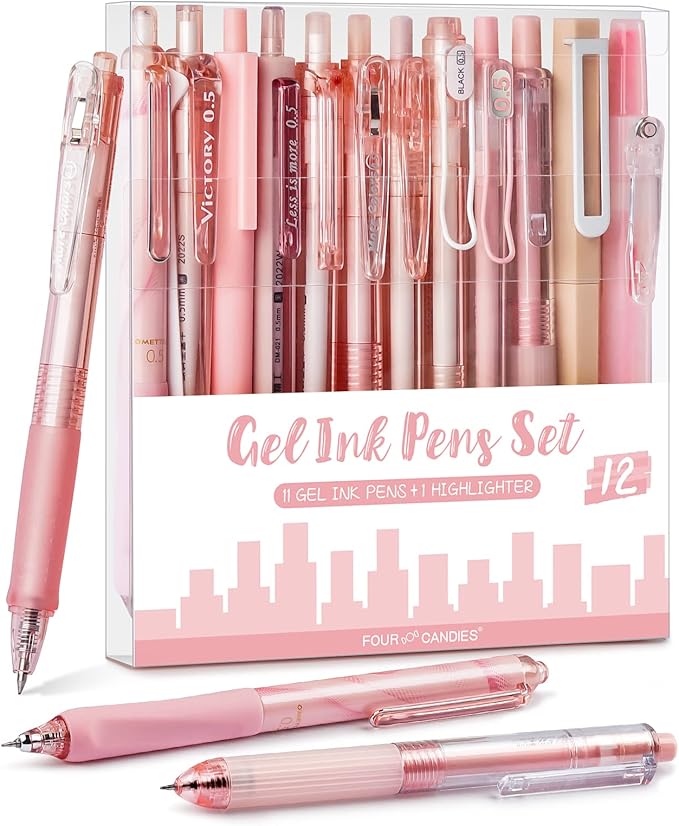 Four Candies Rose Series Gel Pens, Cute Writing Pens with Black & Pink Ink, 0.5 mm Smooth Fine Point, School Office Supplies Girly Stationery Aesthetic Desk Accessories for Women, Set of 12