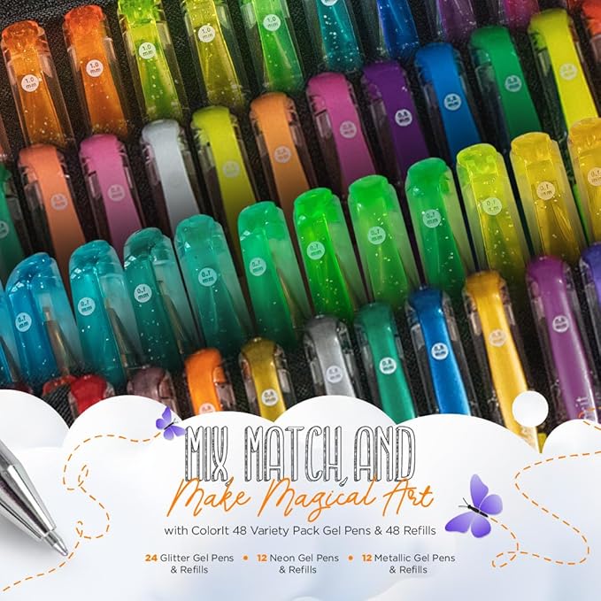 ColorIt Gel Pens for Adult Coloring – 96 Pack with 48 Premium Gel Pens & 48 Refills with 1 Travel Case - Vibrant Colors for Journaling, Writing, Coloring Books for Adults, and Creative Projects