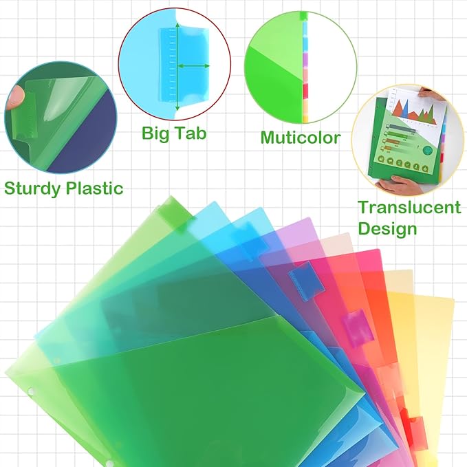 16 Count Binder Dividers with Pockets, 8 Tab Plastic Dividers for 3 Ring Binders School Office Document Indexing and Protection, Multicolor, 2 Sets