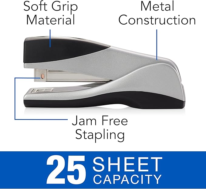 Swingline Stapler, Jam Free, Optima Grip Compact Size, Ergonomic Cushion, Metal, 25 Sheet Capacity, Silver (87816)