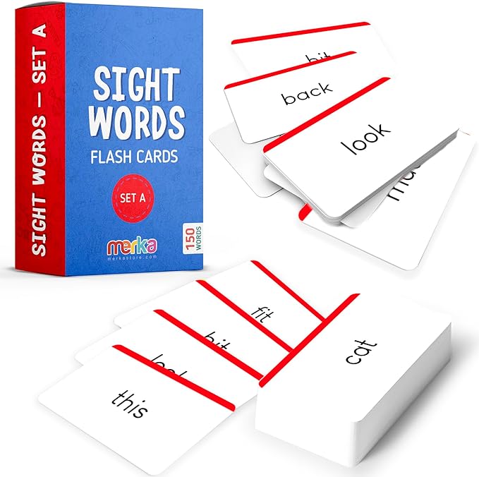 merka 1st Grade Sight Word Flash Cards - 150 Laminated Dry-Erase Set A for Ages 5+ with Marker - Dolch & Vocabulary Flash Cards for 1st Grade Reading, Homeschool & Speech Therapy Materials
