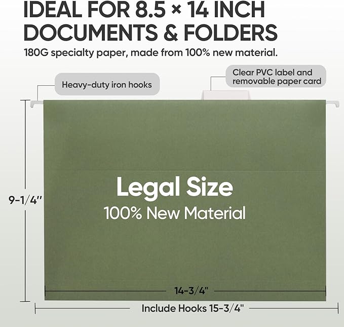 BALEINE 8PK Hanging File Folders, Legal Size Hanging Folders with 1/5-Cut Tabs for Filing Cabinets, File Boxes (8PK, Legal Size)