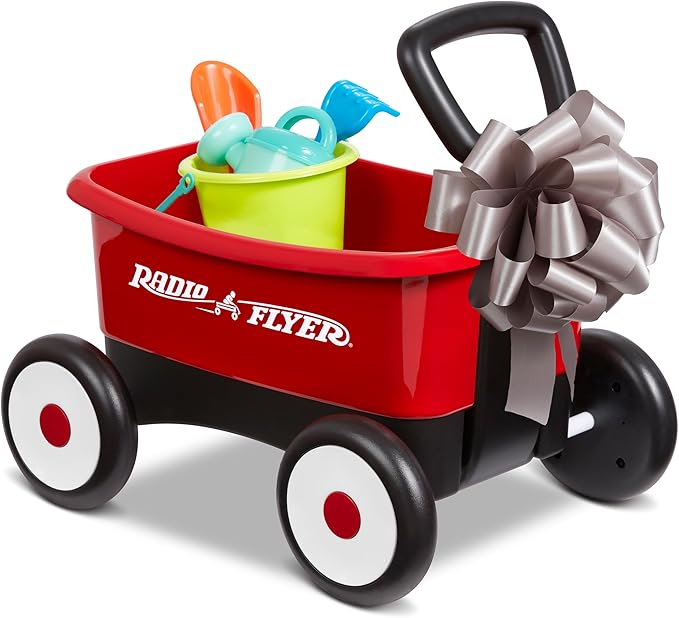 Radio Flyer My 1st Wagon 2-in-1 Walker & Pull Wagon with Beach and Garden Tools for Toddlers Ages 1-4, Red Amazon Exclusive
