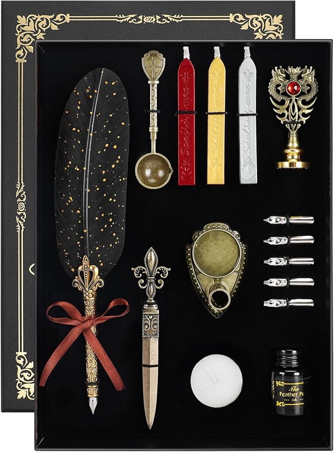 Quill Pen and Ink Set - Feather Calligraphy Dip Pen with Wax Seal Stamp Kit and 5 Nibs (Black)
