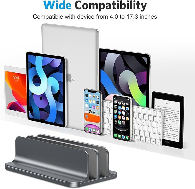 OMOTON Vertical Laptop Stand [Updated Double Version], Desktop Aluminum MacBook Stand with Adjustable Dock Size, Fits All MacBook, Surface, Chrome Book and Gaming Laptops (Up to 17.3 inch) (Grey)