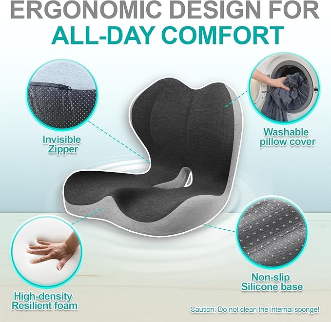 Seat Cushion for Office Chair, Car and Wheelchair Use, with Lumbar Support Pillow and Memory Foam Coccyx Cushion for Tailbone Pain, Back Pain, Sciatica and Hemorrhoid Relief, Ergonomic seat Cushion