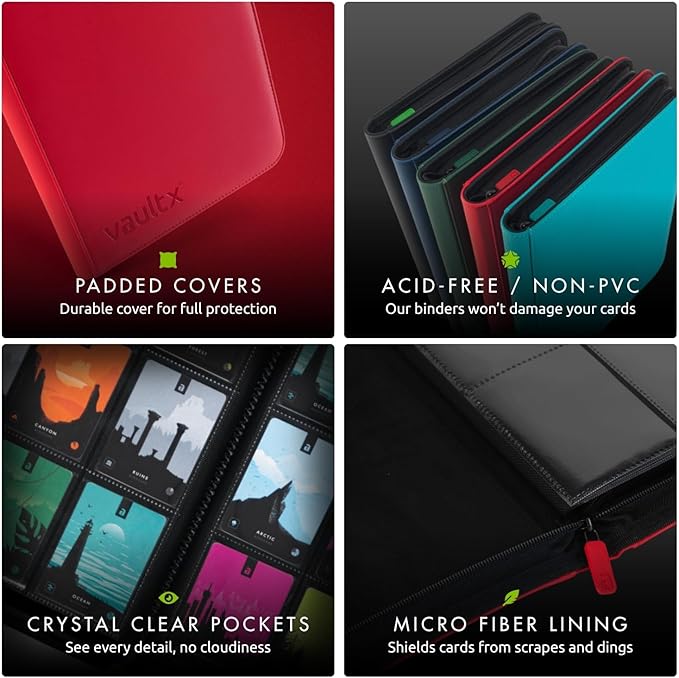 Vault X 4 Pocket Trading Card Zip Binder, 160 cards, Premium Exo-Tec Album Material, 20 Side-Loading Pages, Folder for Collectible Card Games, Sports, TCG (Red)