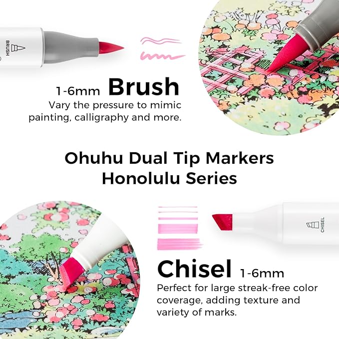 Ohuhu Pastel Alcohol Brush Markers- 48 Colors of Honolulu Sweetness - AP Certificated -Alcohol Based Double Tipped Art Marker Set for Artist Adults Coloring Illustration- Brush & Chisel - Refillable
