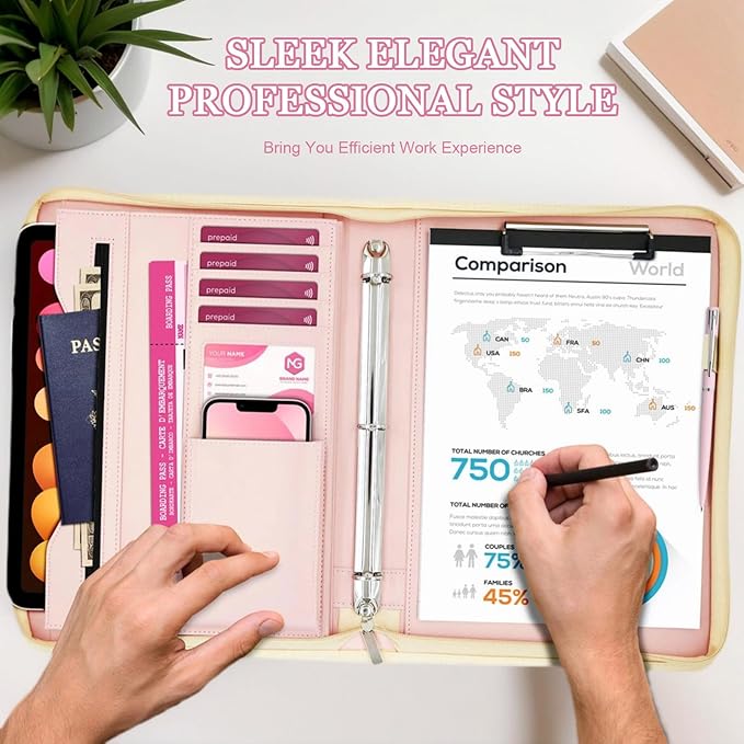 Faux Leather Portfolio Binder with Handle & Clipboard, Zippered Padfolio Folder Organizer 3 Ring Binder for Document, Business Card Holder, Professional Portfolio Notebook for Men & Women (Rose Gold)