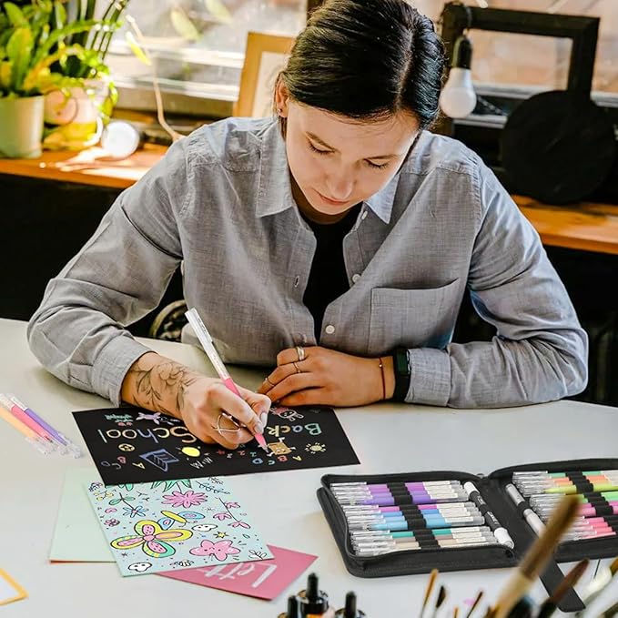 24 Colors 3D Acrylic Gel Pens & Black Paper Sketchbook for Drawing, 1mm Fine Point Acrylic Ink Pen, Opaque Archival Bright Ink Pens for Black Paper Drawing, Sketching, Illustration, Card Making