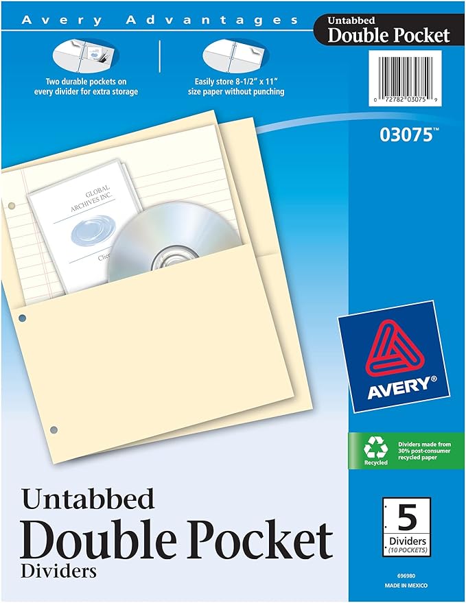 Avery Untabbed Double Pocket Dividers for 3 Ring Binders, Manila, Pack of 5 Dividers (03075)