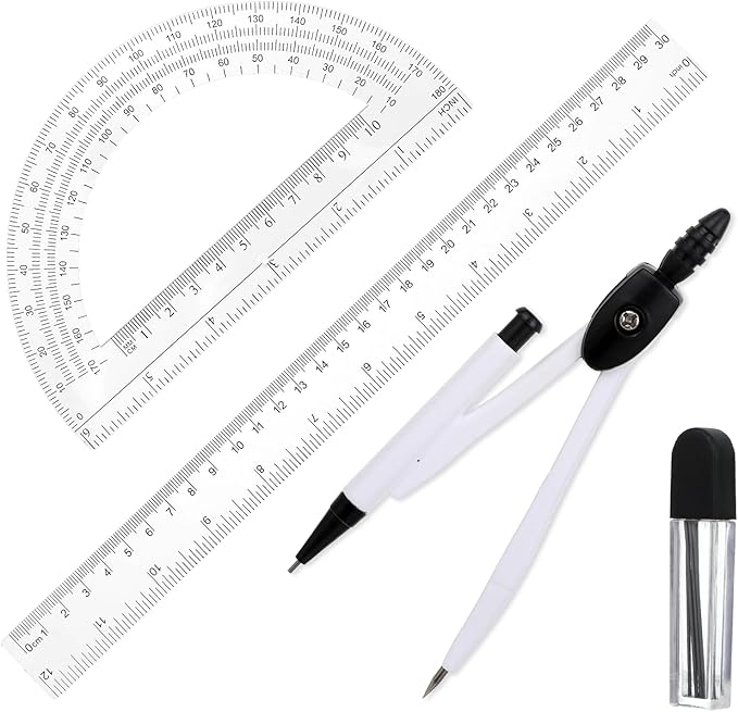 Student Protractor and Compass Set, 3 Pcs Geometry Math Set, 12 Inch Plastic Clear Ruler, Compass for Geometry and 180 Degree 6 Inch Protractor for Drawing Measuring School Office (Classic)