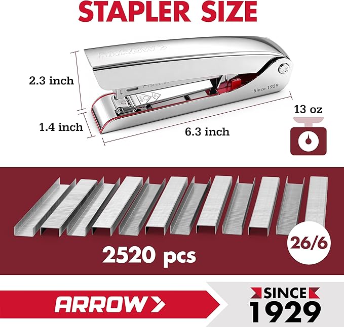 Arrow Metal Stapler, Full-Strip Stapler for Desk with 2520 Staples, 25 Sheet Capacity, Rear Staple Storage, Dual-Mode Anvil, Non-Slip Base, for Office, Classroom, and School