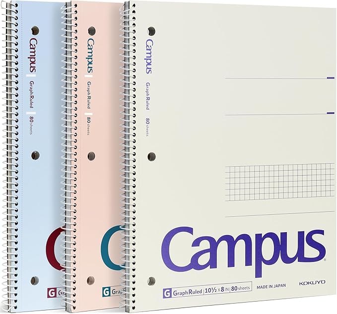 KOKUYO Spiral Notebook with 5x5 Graph Paper, 3 Pack Campus 10-1/2" x 8" Subject Notebooks, 80 Sheets, Light Pink Blue Off-White 3 Holes School Spiral Journal for Study Planner Drawing (WSG-SU-400G4×3)