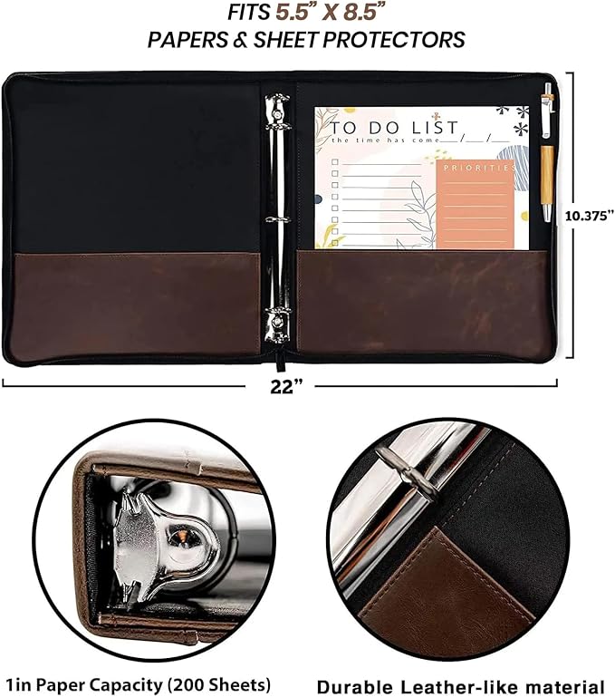 Performore Vintage Professional 3 Ring Zipper Binder Organizer, for 8.5" x 5.5" Paper, 1-Inch Round Rings, 2 Inner Pockets, Antique Brown Vegan Leather, Pen Included