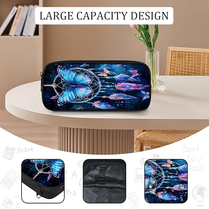 Butterfly Backpack Set 3 Piece School Bags and Lunch Box with Pencil Case Blue Butterfly Dream Catcher Bookbag Set for Toddler Kids Girls Boys Teens Kindergarten Elementary Middle