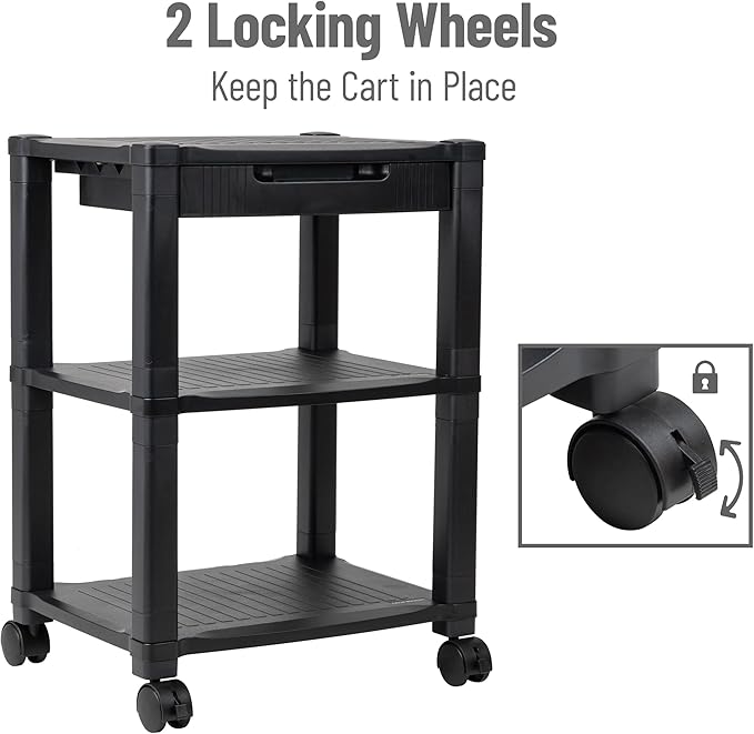 Mind Reader Rolling Printer Cart, Utility Cart, Printer Stand, Desk Storage, Office, 17.25"L x 13.5"W x 24.5"H, 3-Tier, Black
