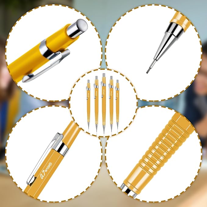 Gueevin 24 Pcs Mechanical Pencil Metal Penpoint Mechanical Pencil Retractable Automatic Drafting Pencils Refills for Writing Drawing Signature(0.9mm,Yellow)