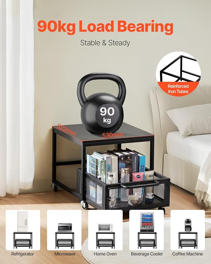 VEVOR Mini Fridge Stand with Storage, 198 lbs Mini Fridge Table with Movable Storage Cart & Swivel Wheels, Beverage Refrigerator Stand for Coffee Bar, Mini Fridge Organizer for Office Home Dorm, Black