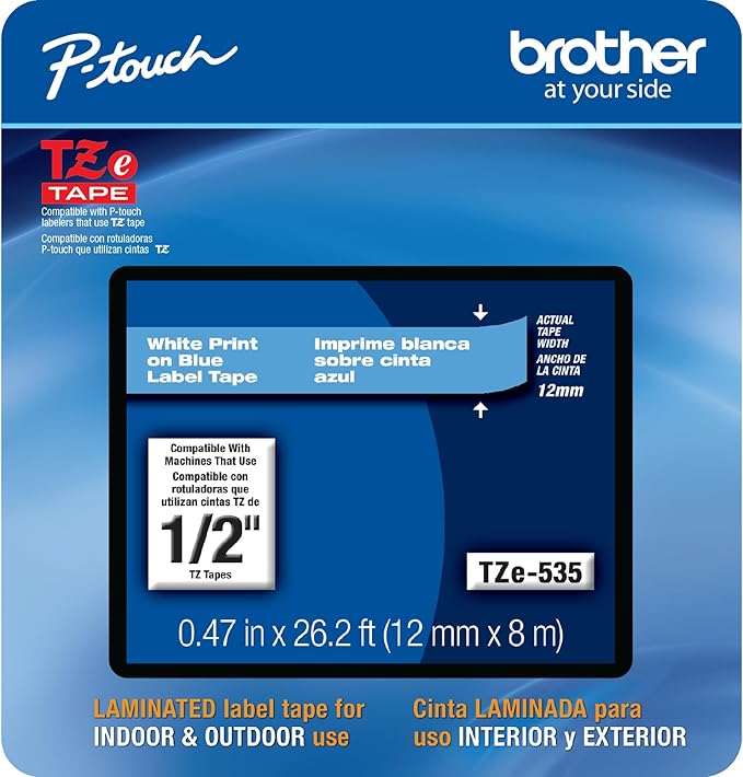 Brother Genuine P-touch, TZe-535CS, 0.47” x 26.2’, White on Blue Laminated Label Tape