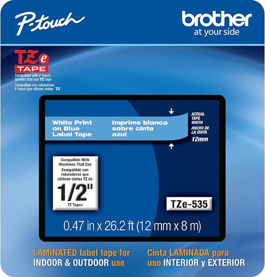 Brother Genuine P-touch, TZe-535CS, 0.47” x 26.2’, White on Blue Laminated Label Tape