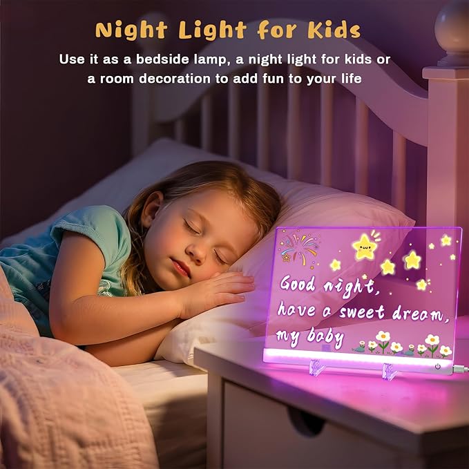 Acrylic Dry Erase Board with Light, 13.7"x10" 7 Color Changing Touch LED Note Board with 4 Modes & 7 Markers, Light Up Message Board Desktop Memo Board, LED Drawing Board for Kids Girls Boys (Touch)