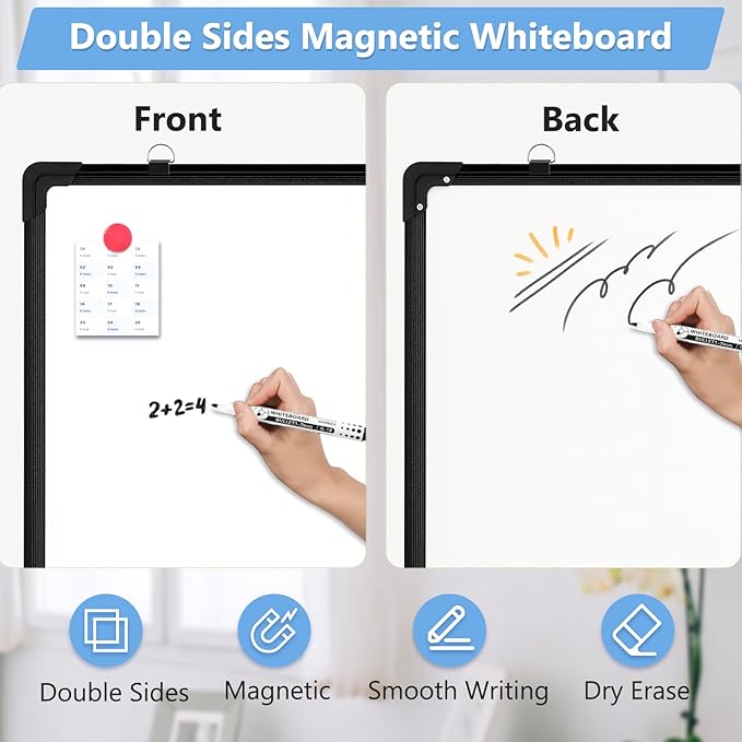 Double-Sided White Board, 12" x 16" Dry Erase Board Small Whiteboard for Wall Black Frame Portable Magnetic Hanging White Board Dry Erase for College Dorm Room, School, Home, Office