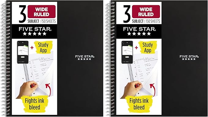 Five Star Spiral Notebook + Study App, 3 Subject, Wide Ruled Paper, 8" x 10-1/2", 150 Sheets, Black (73094) (Pack of 2)