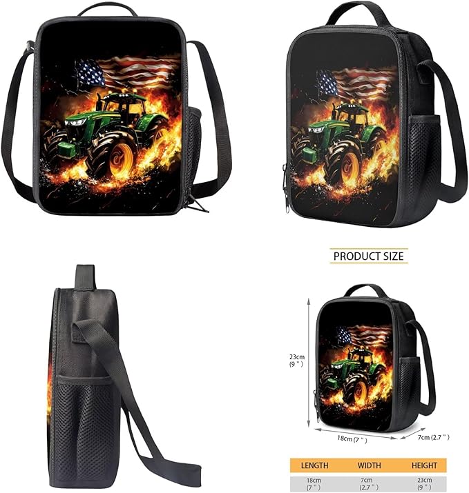 CLOHOMIN Fire Tractor Backpack and Lunchbox for Kids Boys American Flag School Bag Set of 3 with Lunch Bag Pencil Case Age 10-12 Elementary Book Bag and Lunch Tote for Girls 5th Grade