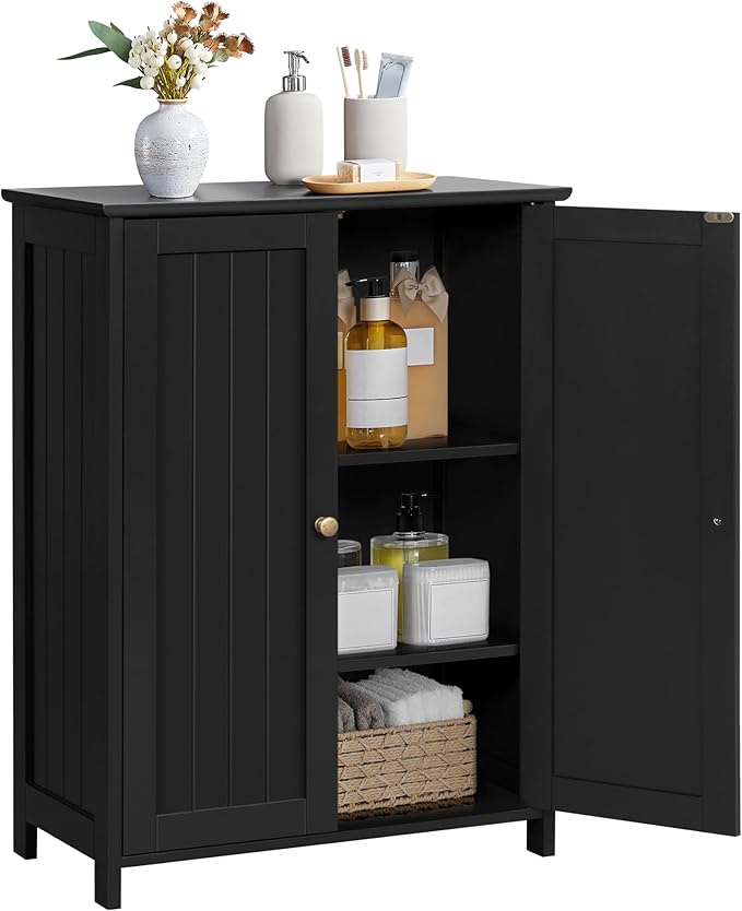 Yaheetech Bathroom Floor Cabinet, Modern Storage Freestanding Organizer Cabinet with Adjustable Shelves & Double Doors, 3-Tier Home Living Room Furniture, Black