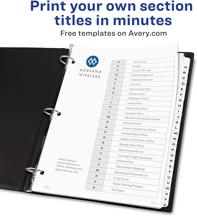Avery A-Z 26 Tab Dividers for 3 Ring Binders, Customizable Table of Contents, Classic White Tabs, 1 Set (11828)