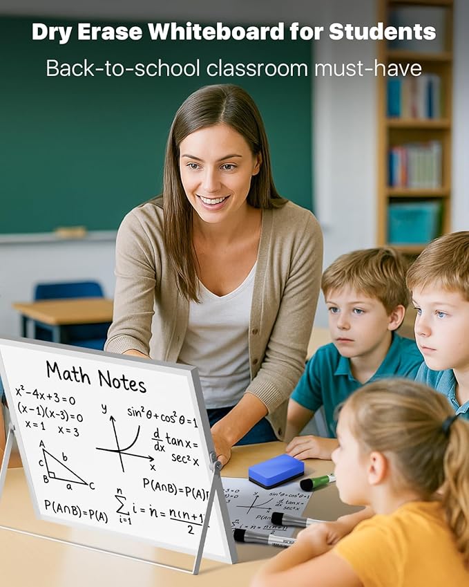 Dry Erase White Board with Stand,Double-Sided Whiteboard 16"x12", 10 Markers,6 Magnets, 1 Eraser,Portable Desktop Whiteboard for Planning,Colorful Weekly Schedule Board for School for Home