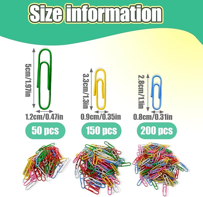 Paper Clips,400 Pack Small Medium and Jumbo Colored Paperclips（1.1 in &1.3 in & 2 in）,Assorted Colored Coated Paper Clips, Reusable Paperclips for Paperwork Office School Document Organizing
