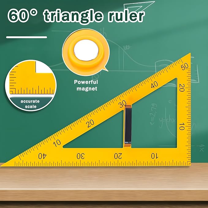 Magnetic Teaching Ruler Set with Multi-Functional Geometry Tools Durable ABS Plastic for Whiteboard Classroom Projects Student Teacher Math Supplies (Yellow 3pcs)