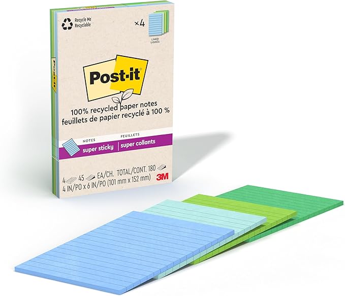 Post-it 100% Recycled Paper Super Sticky Notes, Lined, 4 in. x 6 in., 4 Pads, 45 Sheets per Pad, Oasis Collection, New Year Organization or Second Semester School Supplies
